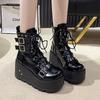 Fashion Platform Boots Goth for Women Lace up Wedge Heel Buckle Ankle Booties Studded Short Motorcycle Boots with Zipper White