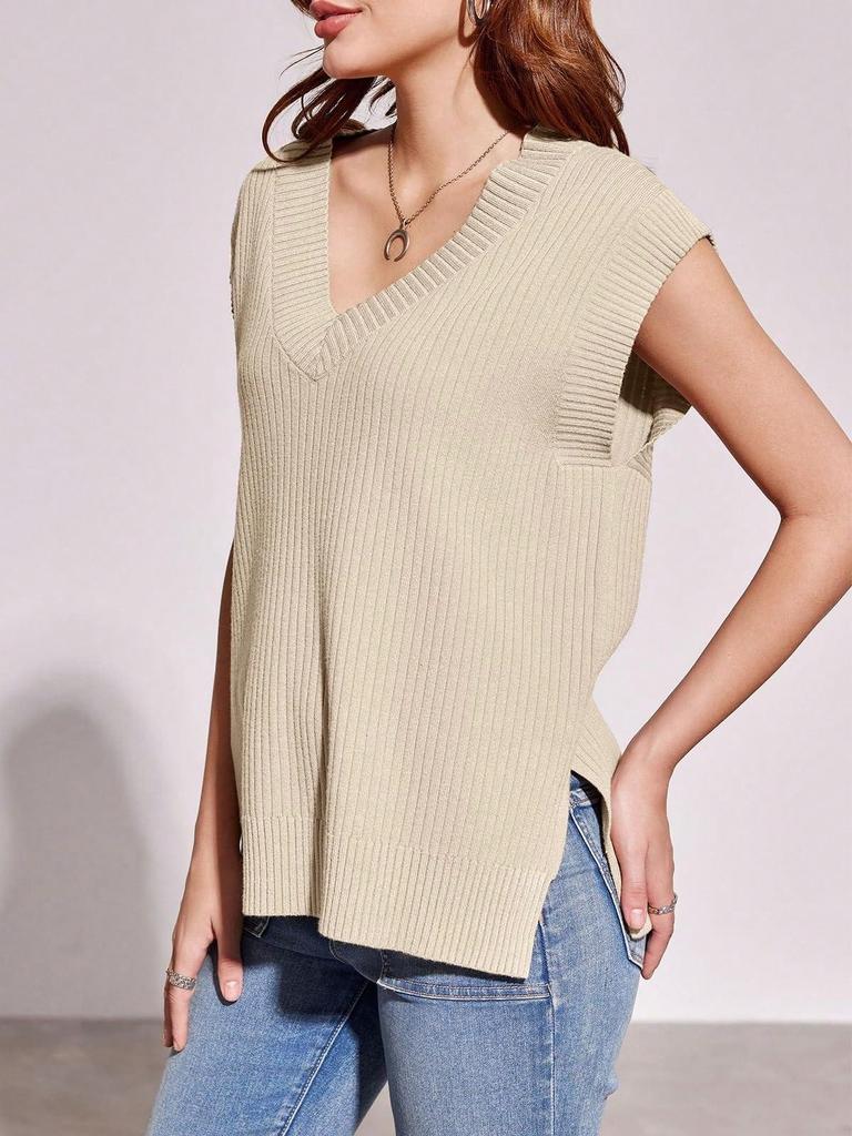 Women's Oversized V Neck Sweater Vest Sleeveless Ribbed Knit Loose Fit Top