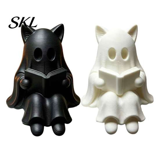 Whimsical Cat Statue 3D Printed Ghost Figurine with Book, Spooky Shelf Sitter Ornament for Halloween Home Decor Decor, Cute Reading Desk Bookshelf