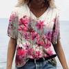 Женская футболка 3D с V-образным вырезом, с цветочным принтом, одежда оверсайз, блузка с коротким рукавом, мода Харадзюку, летняя женская красивая