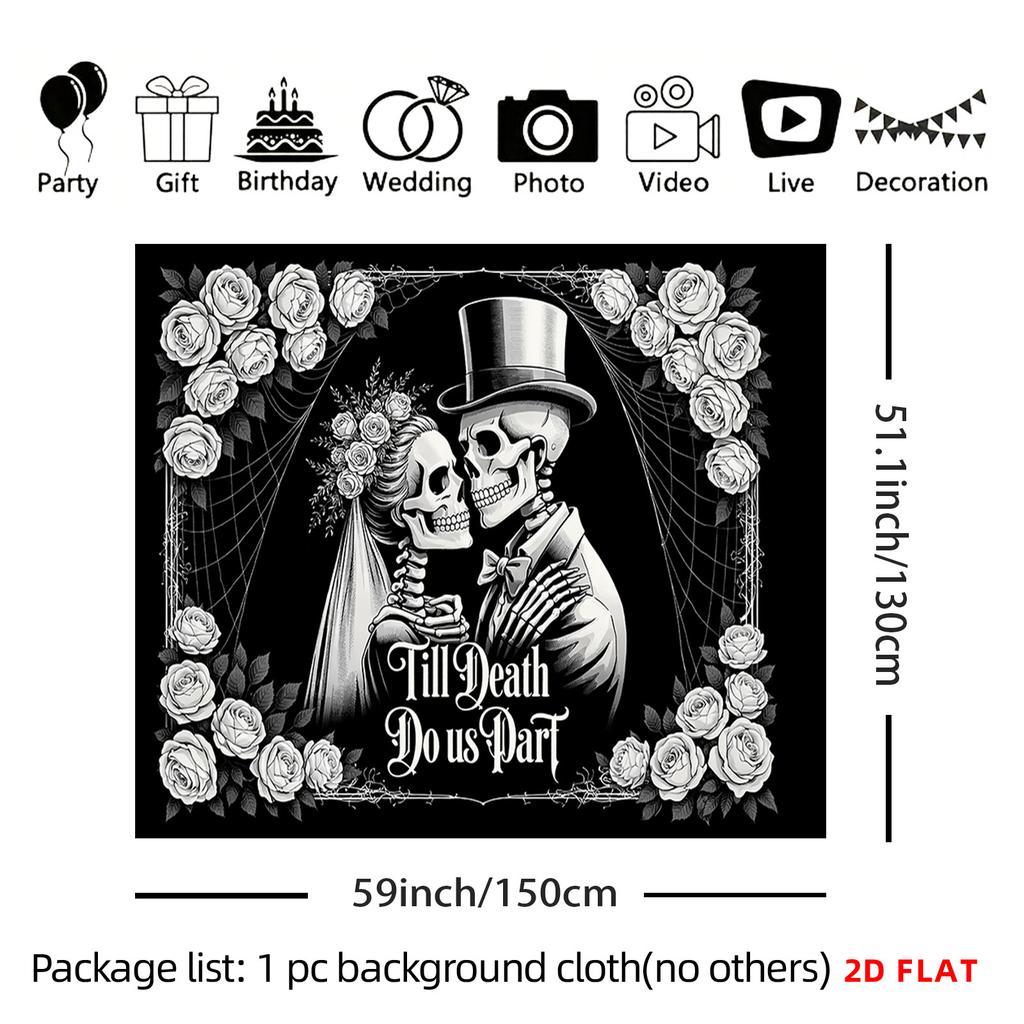 2D Flat - 2D Flat - 2D Flat Print Large Size/ Pattern Print Tapestry - Skeleton Skeleton Roses Black White Room Wall Decor Non Illuminated