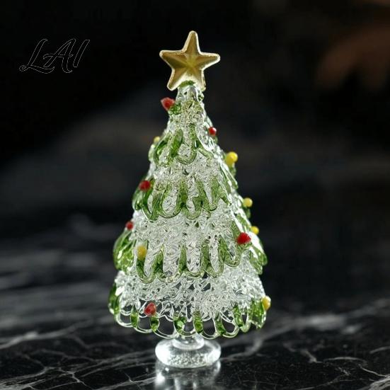 Interior Design Accent Hand Blown Glass Christmas Tree Figurine with Golen Star Festive Desk Decoration Mini Xmas Ornament Handmade Desktop Holiday