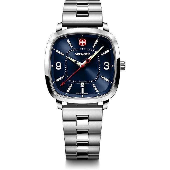 Б/у Новый и неиспользованный WENGER VINTAGE SPORT Винтажные спортивные часы 01.1921.110 Корпус из нержавеющей стали (316L) Синий циферблат Серебристый браслет из нержавеющей стали