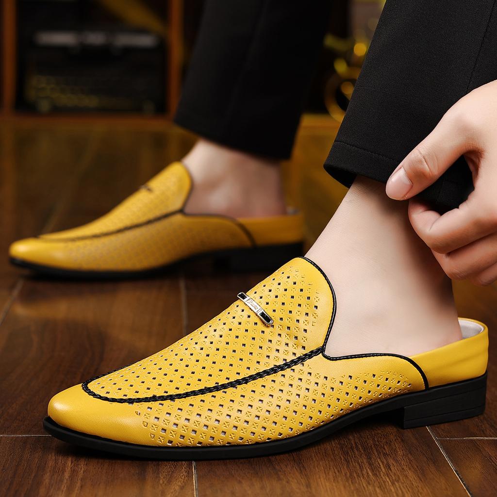New Men's Blue Yellow Red Half Slippers Leather Shoes Male Casual Mules Moccasins Breathable Loafers Zapatos Hombre