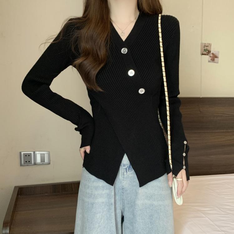 Корейский Kpop однотонные свитера с v-образным вырезом, осенние топы с тонкой талией и разрезом, женские вязаные пуловеры с длинными рукавами