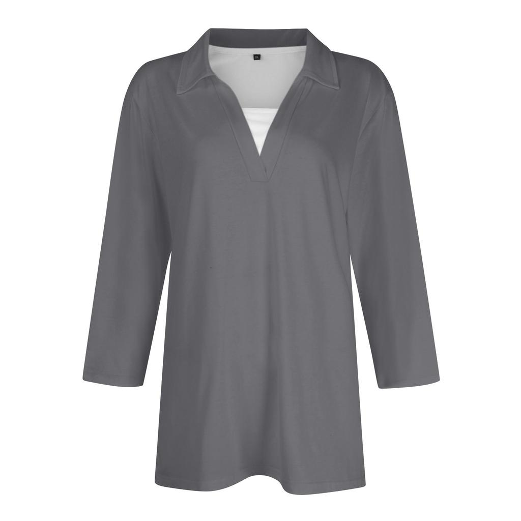 Женская модная повседневная свободная однотонная футболка с рукавом 3/4 с лацканами, женский топ