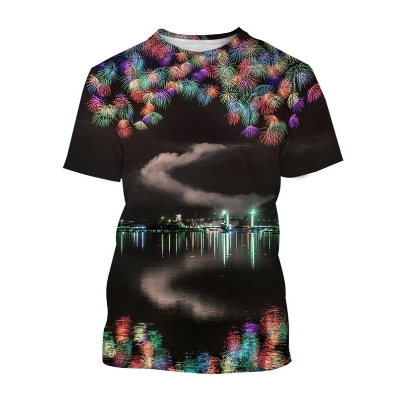Brilliant Fireworks T-shirt Men's Clothing O Neck Short Sleeves T Shirts 3D Printed Pattern Casual Fashion Street Harajuku Tees