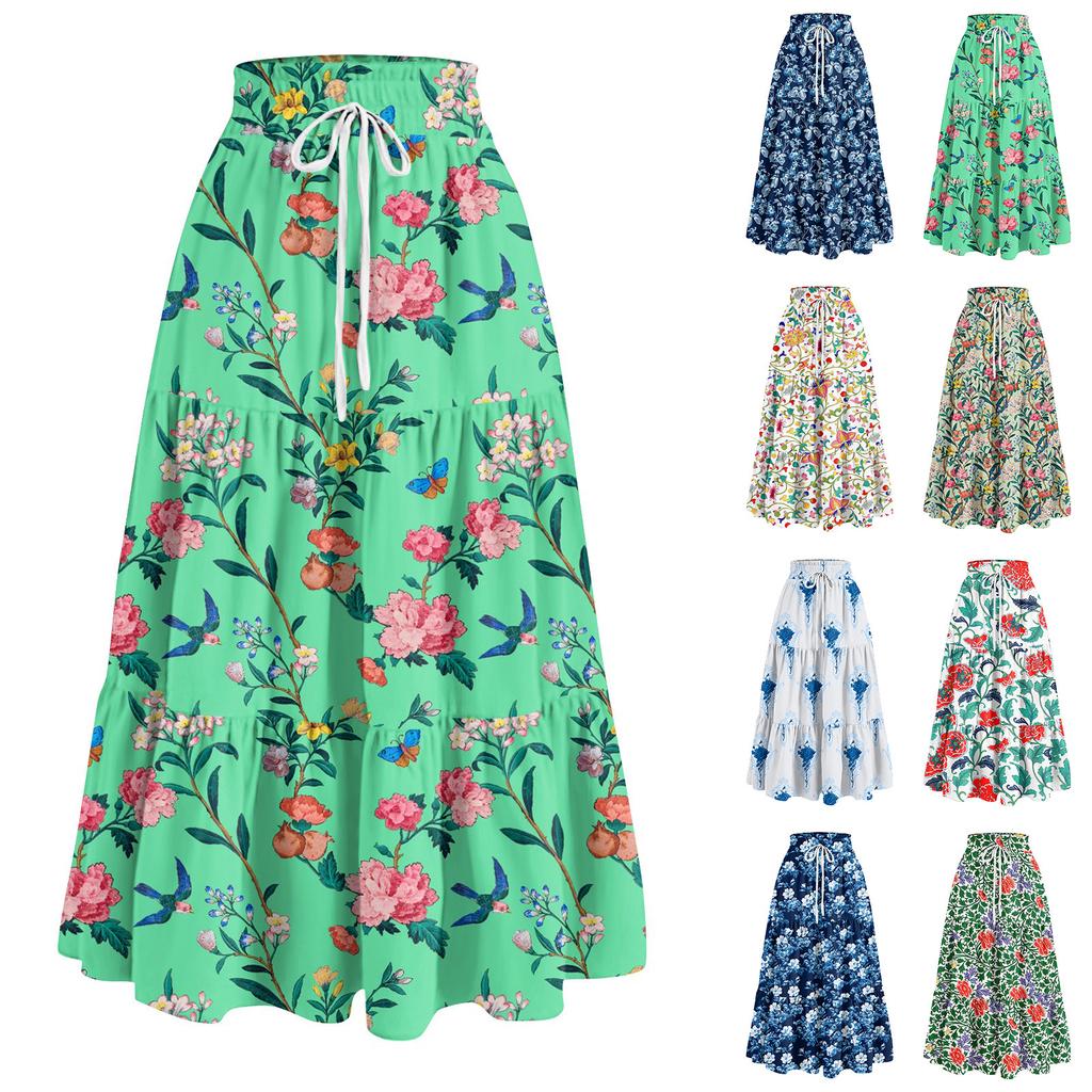 Women's Ruffled Spring Casual Long Skirt Plain Color Skirt Retro Pleated Skirt