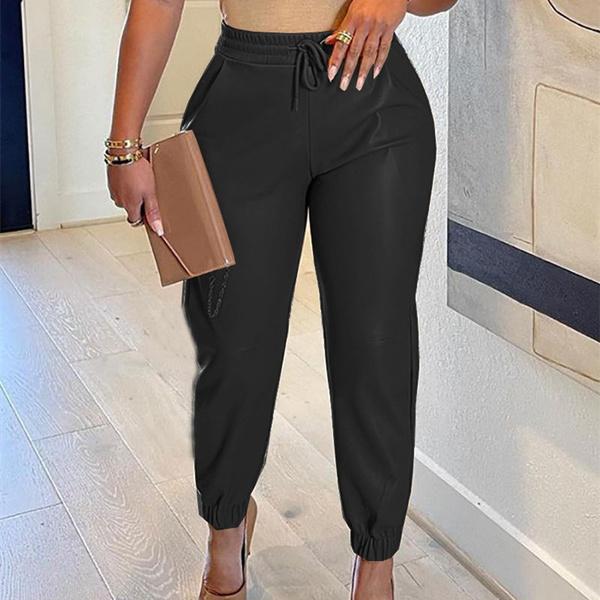 Брюки женские, новые однотонные брюки из искусственной кожи, повседневные брюки на шнуровке, S-XXXL