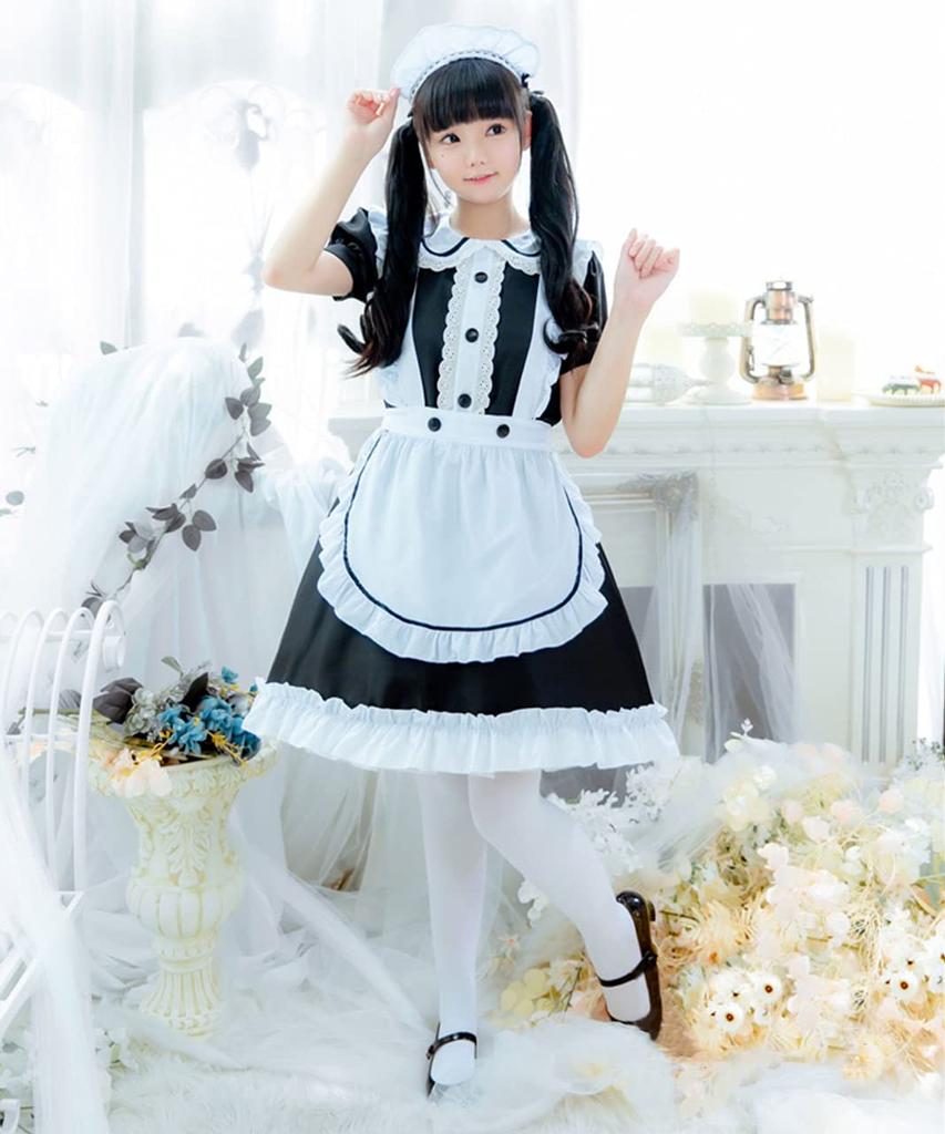 [Milky Time] Maid Costume, Maid Cafe Cosplay, Monochrome Dress, Puff Sleeves (M)