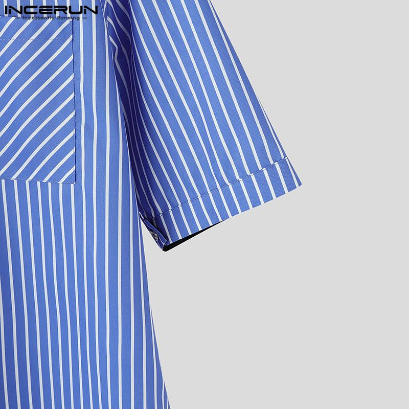 INCERUN Мужские повседневные рубашки с коротким рукавом, без воротника, в полоску, со строчкой