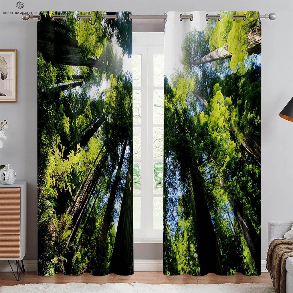 2 шт. Занавески с 3D-стереопечатью «Лесной пейзаж» на люверсах, 100% полиэстер, декоративные занавески для спальни, гостиной, кухни, окна