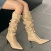 Мода 2024 года, модная обувь для женщин, женские сапоги без застежек, зимние, сохраняющие тепло, с острым носком, однотонные, сексуальные, на шпильках или тонких каблуках, сапоги Zapatos