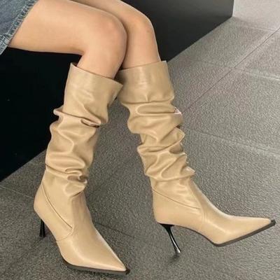 Мода 2024 года, модная обувь для женщин, женские сапоги без застежек, зимние, сохраняющие тепло, с острым носком, однотонные, сексуальные, на шпильках или тонких каблуках, сапоги Zapatos