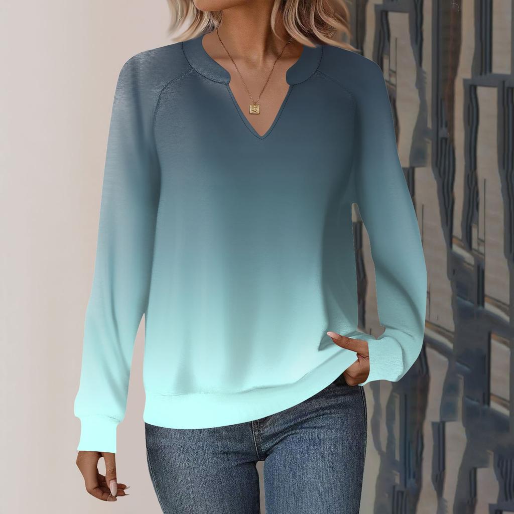 Женская повседневная толстовка с длинным рукавом и V-образным вырезом, свободный пуловер с градиентным принтом