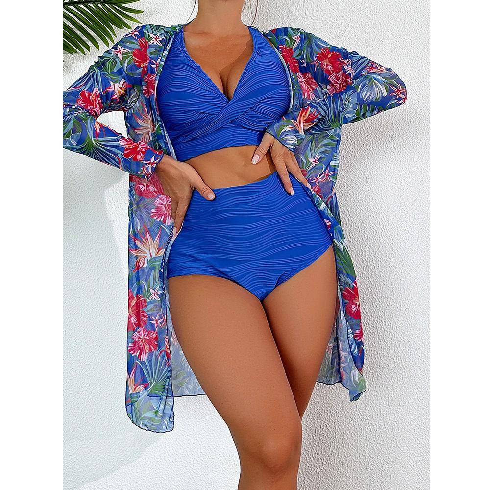 Женские комплекты бикини из трех предметов, шорты с высокой талией, купальники с длинными рукавами и принтом, пляжные бикини feminino