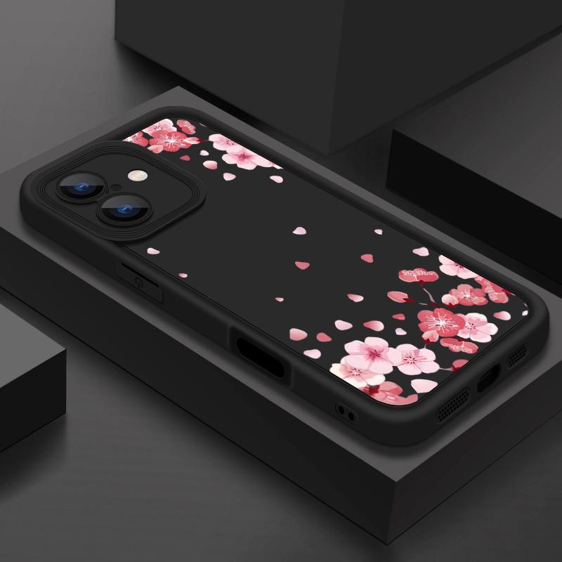 Противоударный чехол с розовым узором сакуры для iPhone 16 Pro Max 15 Plus 14 Pro 13 12 11 XS XR 8 7 TPU Мягкий Матовый Силиконовый Чехол для Телефона