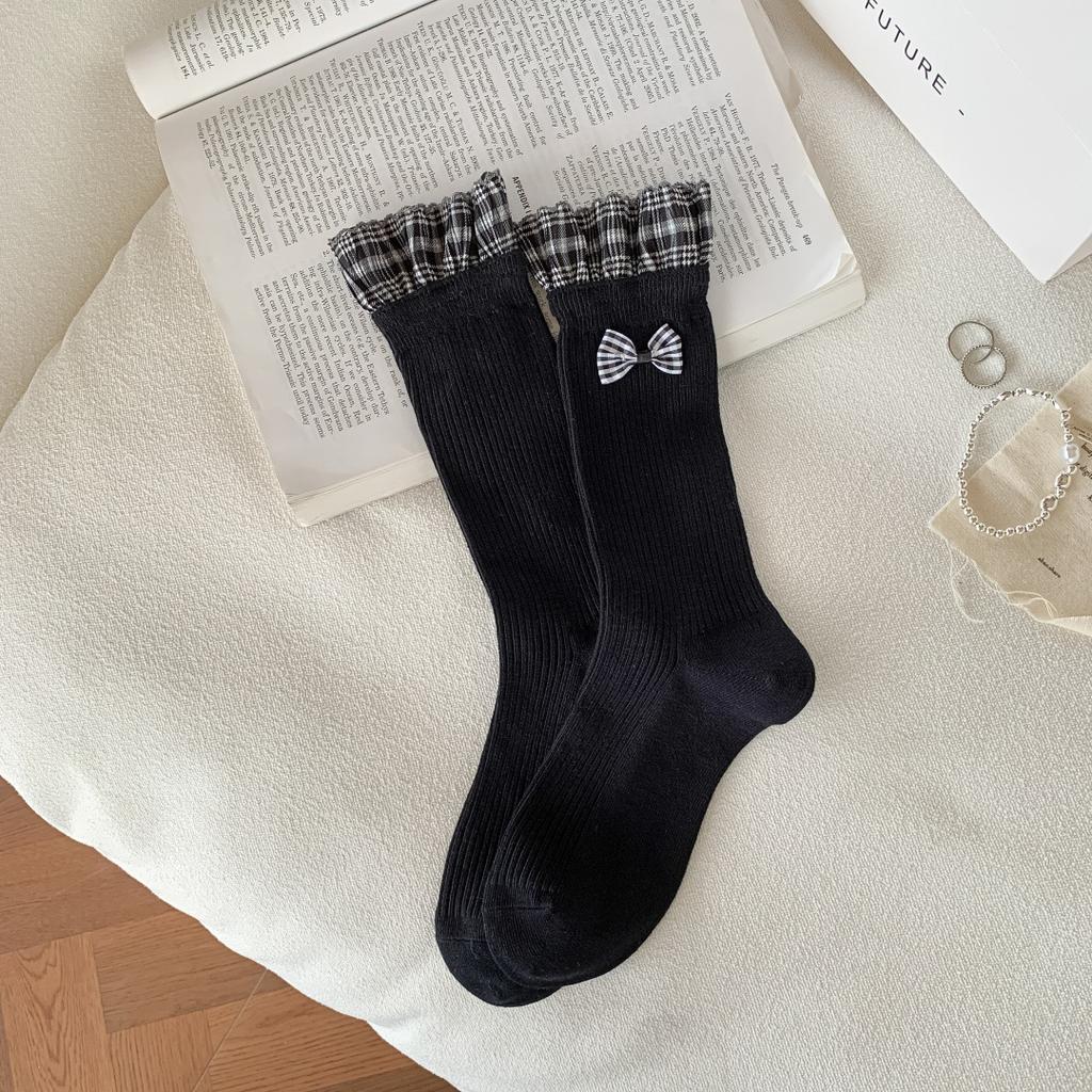 Autumn And Winter Plaid Lace Women'S Socks Vintage Literary Pile Socks Japanese College Style Bow Bow Socks Miu