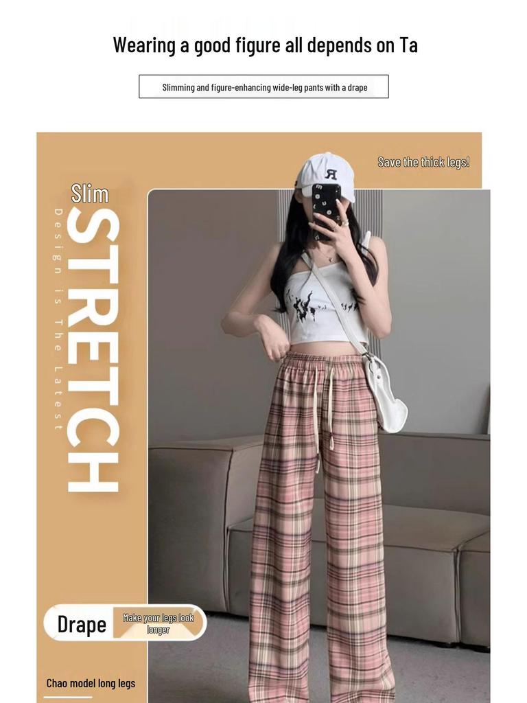 Pink Plaid Wide-Leg Pants for Petite Pear-Shaped Women - Slim Fit, Loose Straight-Leg, Floor-Length for Spring/Autumn