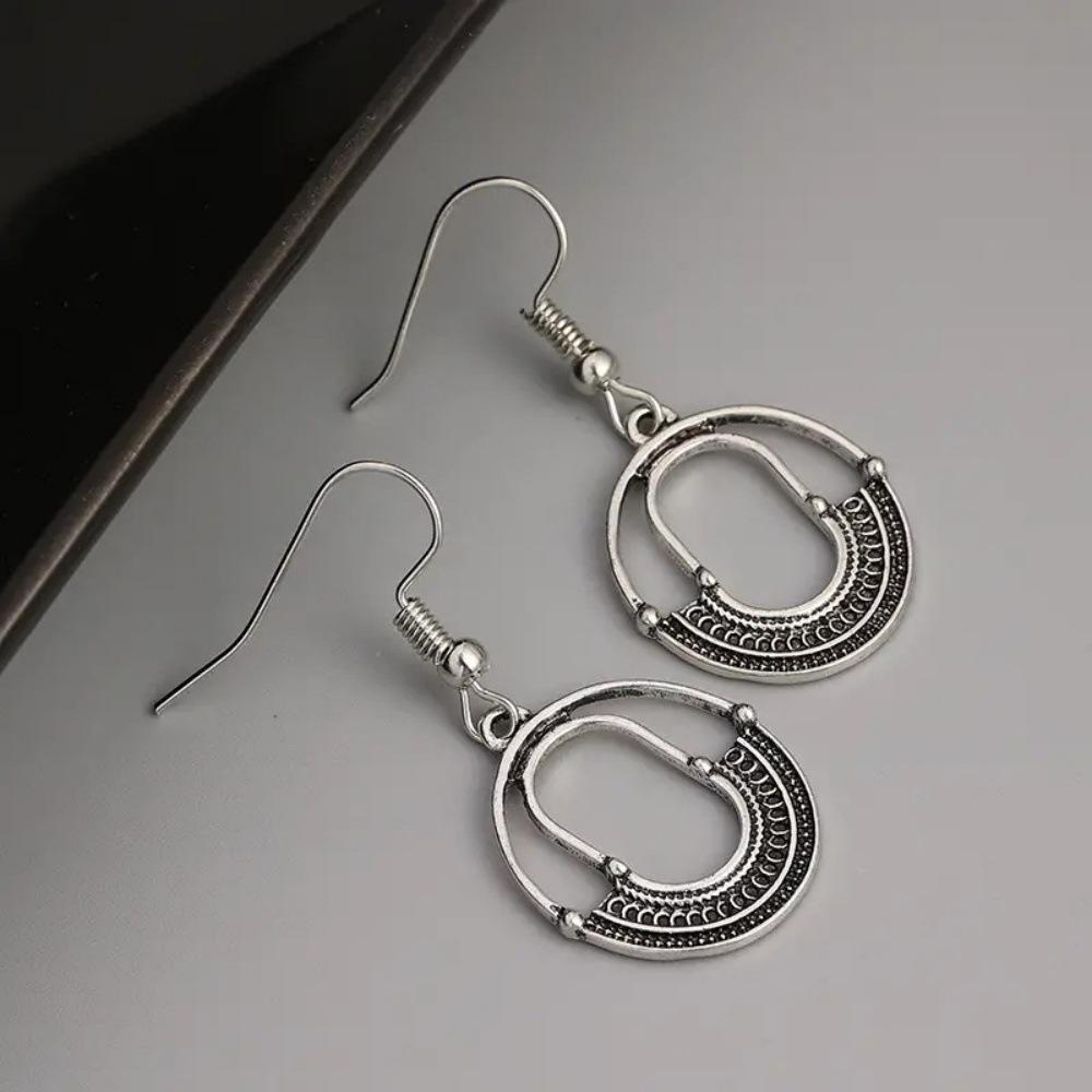 Youmu Vintage Geometric Antique Silver Hollow Earrings - European & American Style