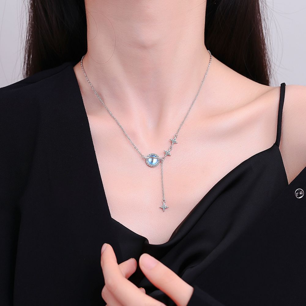2026 Moonstone Planet Necklace Clavicle Chain Female Zircon Light Luxury Mori Autumn and Winter Star Moon Fringe Niche Design