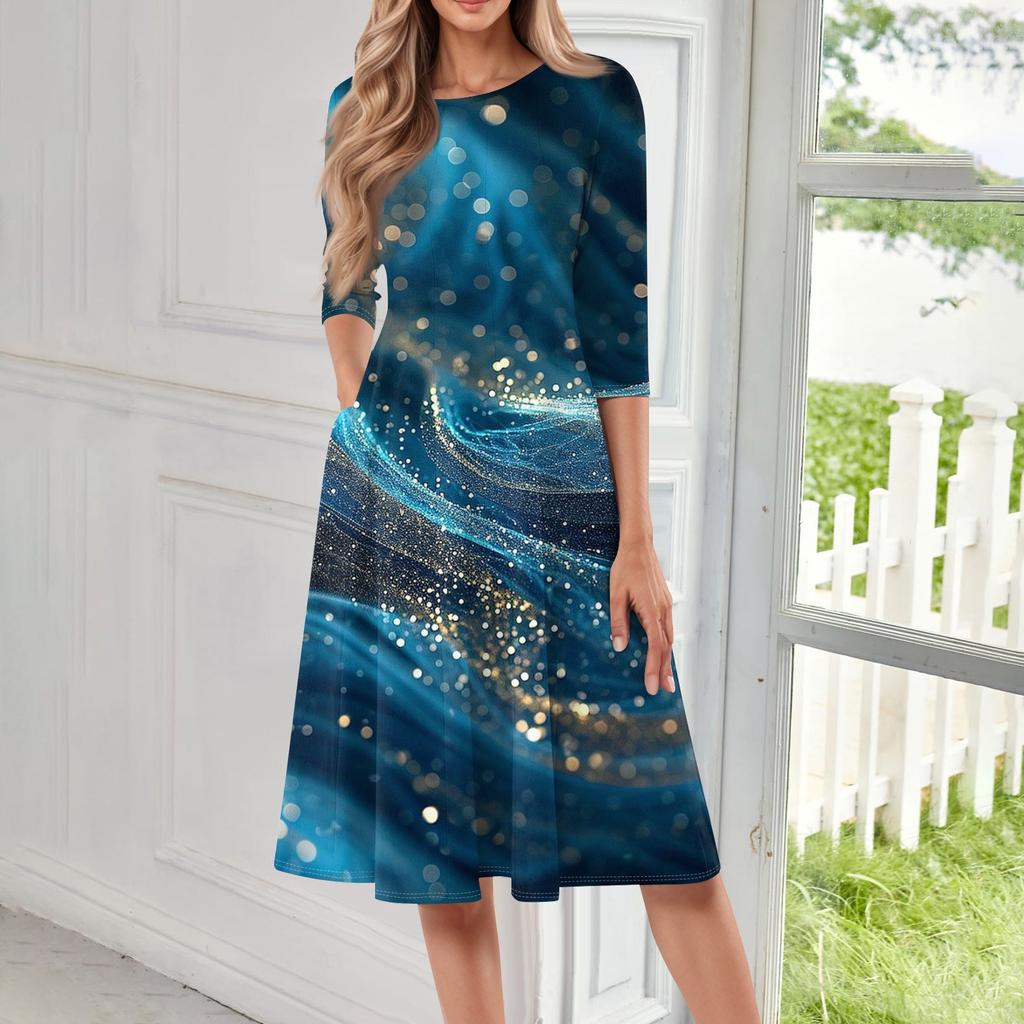 Женское повседневное и модное платье средней длины с круглым вырезом и рукавом семь четвертей