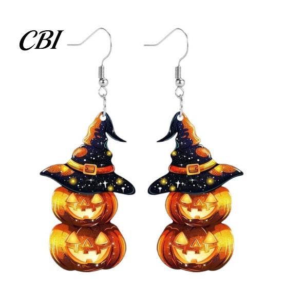 Cute Halloween Costume Jewelry 1 Pair Pumpkin Earrings for Women, 2 Stacking Lightweight Hypoallergenic Ear Hooks Drop Dangle with Witch Hat, Acrylic