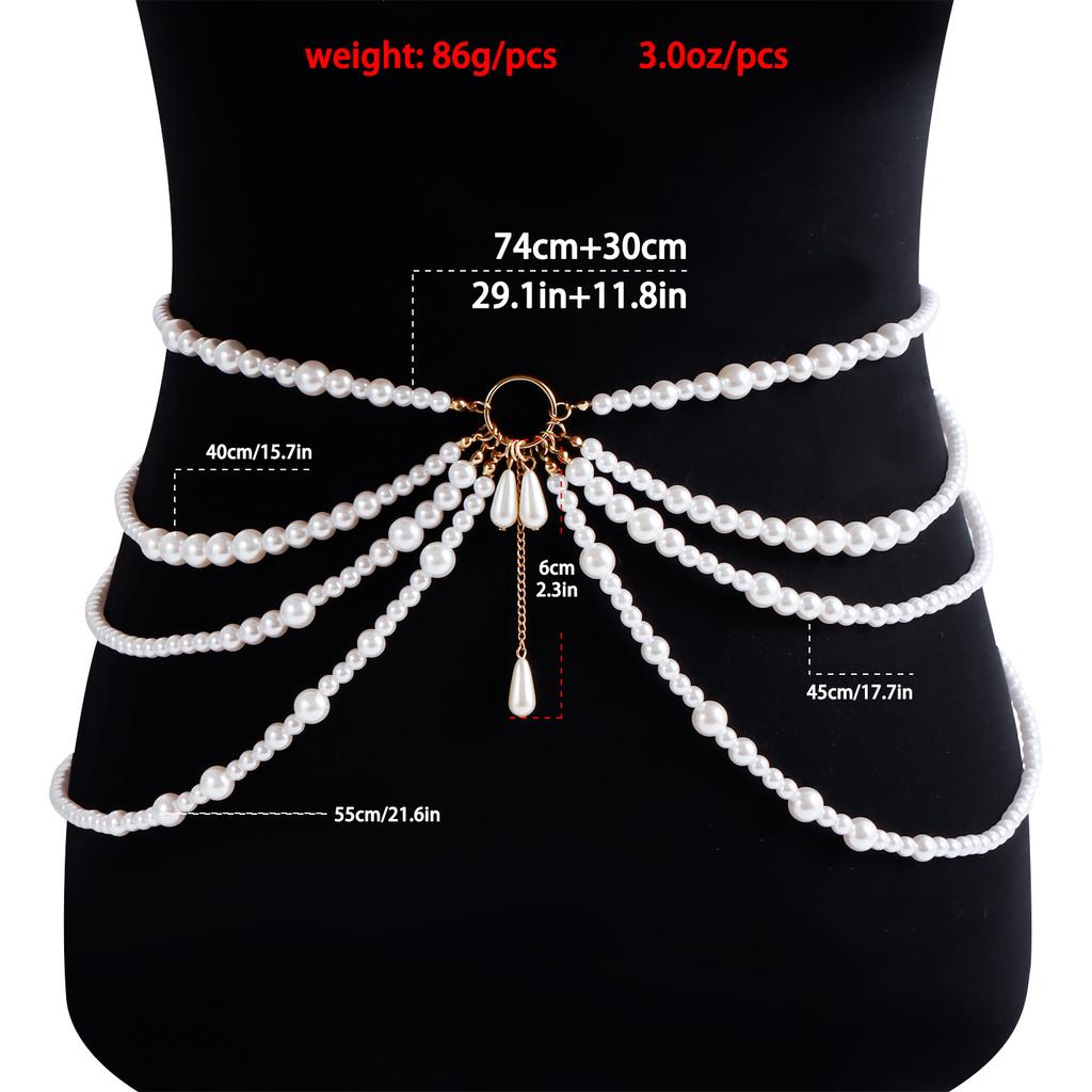 Women Fashion Belt Hip High Imitation Pearl Waist Chain Chunky Fringes Pearl Bikini Body Corset Belly Chain Party Wedding