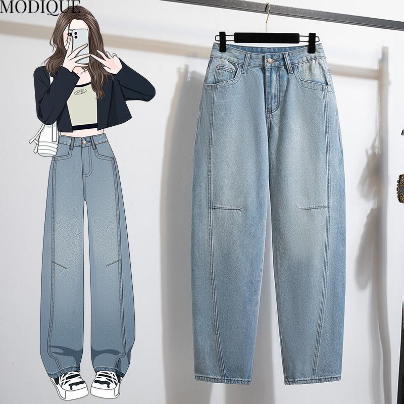MODIQUE 2025 New Plus Size Summer Women's Loose Casual Straight Wide Leg Sickle Denim Long Pant Ladies Elastic Solid Color Blue Jeans