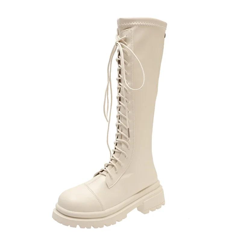 Мода 2024 года, высококачественная обувь для женщин, женские ботинки на шнуровке, осенние ботинки с круглым носком, однотонные, с высоким блочным каблуком, модные ботинки Zapatos Mujer