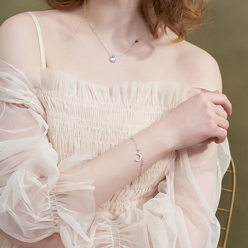 Серебряный браслет S925, маленький свежий браслет для женщин, милый блестящий браслет в форме полумесяца, круглый браслет из бисера со звездой и луной