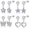 Bobisty 4Pairs Screw Back Earrings For Women 316L Stainless Steel Cute Pink CZ Heart Dangle Earrings Flower Butterfly Earrings