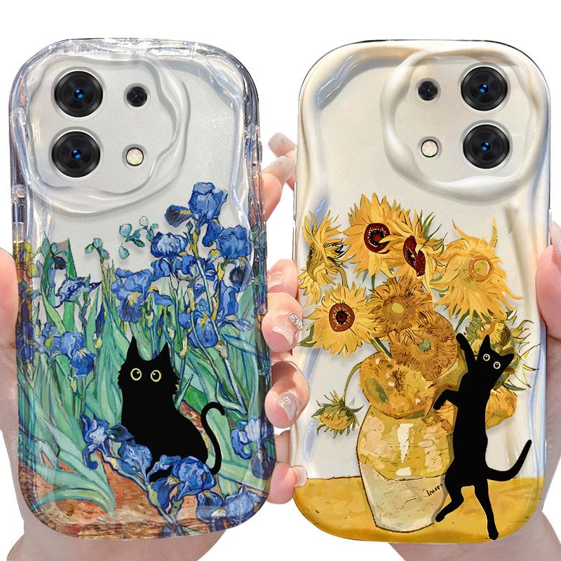 Винтажный синий чехол с цветочным рисунком и черным котом для Xiaomi Redmi Note 14 13 12 11 10 Pro Plus 5G 9 14C 13C 4G 12C 10C 10S A2 A1 Мягкая крышка