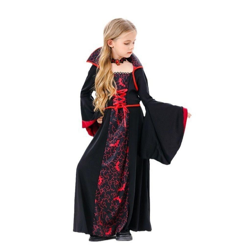 Stand Collar Halloween Witch Long Dress Lace Up Children Medieval Printed Dress Kids