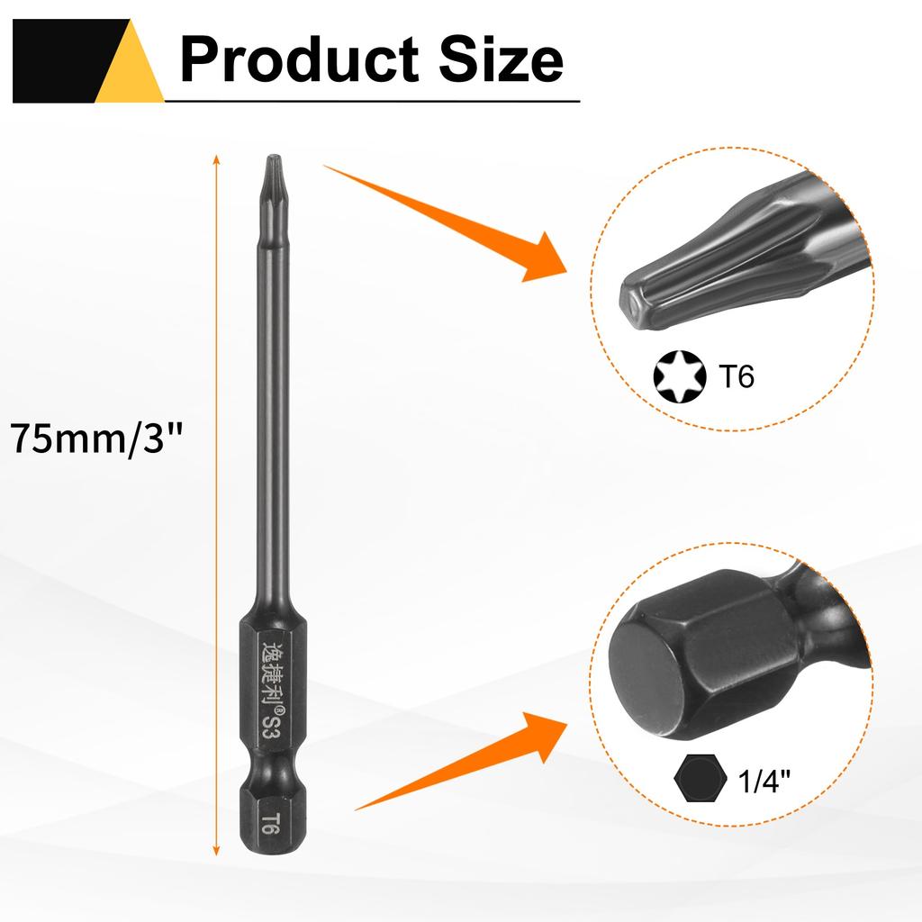 6 шт. Биты Torx T6-T40 1/4" Шестигранный Хвостовик 75 мм/100 мм Сталь S3 Магнитные Звездообразные Биты со Штифтом (Tamper Proof Star) 6-гранные Биты для Шуруповерта