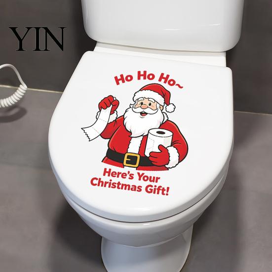 Santa Claus Bathroom Accessories Christmas Toilet Stickers, Funny Delivering Tissues Waterproof Lid Tank Seat Holiday Atmosphere Art Decals,