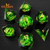 Green Dragon Eye Dice Set - 7Pcs/Set, Vintage Portable Mini, Clear Golden Number, Sharp Edge, Funny Resin Polygonal Board Game Dice Prop