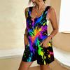 Women Plus Size Scoop Neck Sleeveless Black Red White Printed Loose Fit Short Romper With Patch Pockets