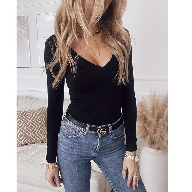 Осенняя женская модная однотонная футболка с V-образным вырезом и длинными рукавами