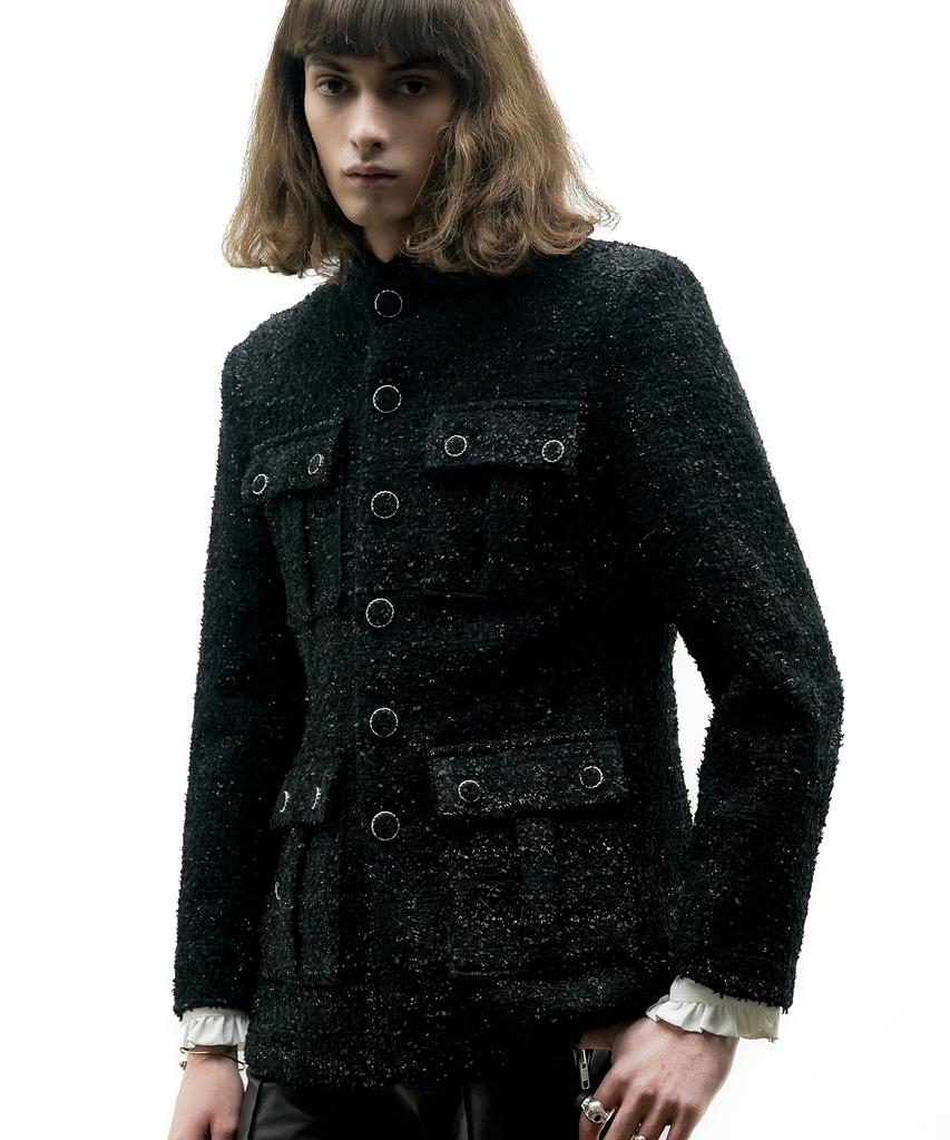 Untage Lame Boucle Tweed Field Jacket (Black)_Uto-Fb48