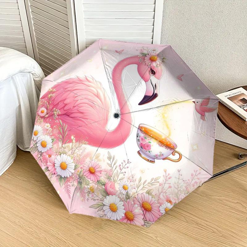 1pc Flamingo Tea Garden Umbrella with Plastic Handle,Suitable for All Seasons Home Travel Outdoor UmbrellaDD401