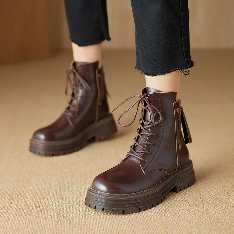 Уличная женская обувь Женские ботинки из натуральной кожи Осенне-зимние теплые женские ботинки с молнией сзади Ретро плиссированные мотоциклетные ботинки