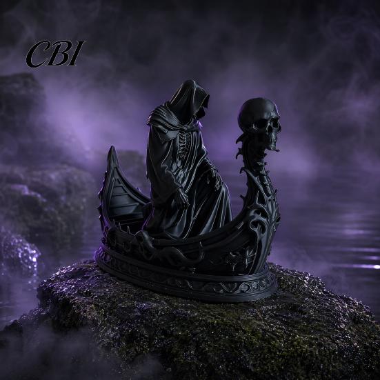 Faceless Grim Reaper Statue 3D Printed Gothic Skull Boat Figurine, Small Desktop Ornament Halloween Decoration for Party Decoration, Dark Horror Theme