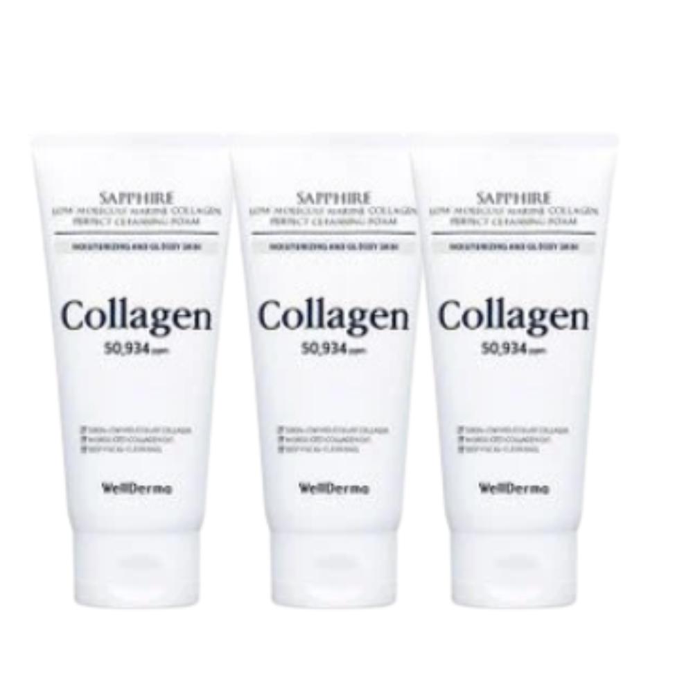 WellDerma / Сапфировая Низкомолекулярная Коллагеновая Пенка для Идеального Очищения / 150г Набор 2+1 / Глубокое Очищение и Укрепление / Сделано в Корее