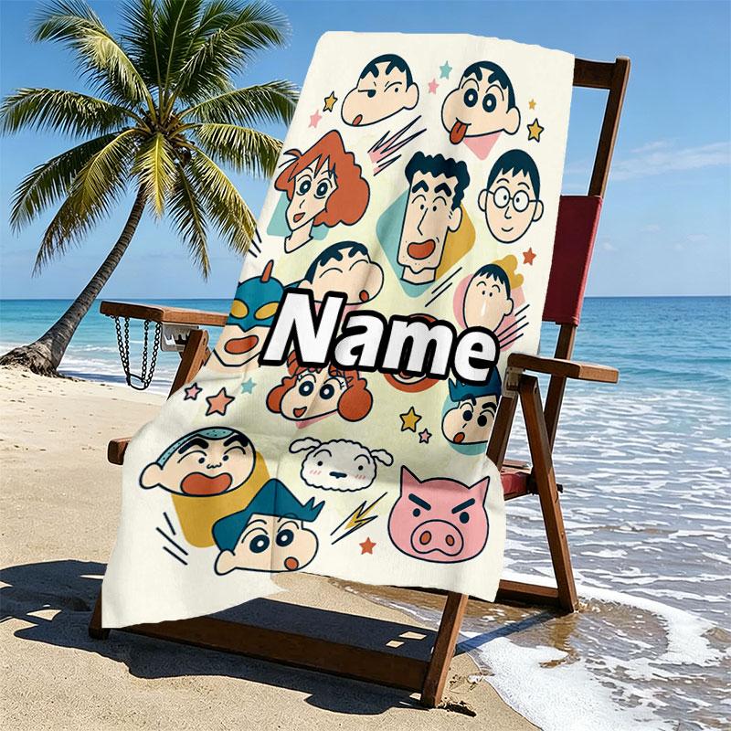 Custom Name Personalized Crayon Shin chan Print Beach Towel, for Trip Camping Beach Party Home Decor, Birthday Gift for Family & Friends