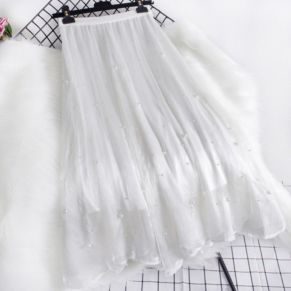 Qooth Women A Line Bead Chiffon Skirt Wide Hem Mid Length Elastic Waist Slim Casual Skirt QT2650