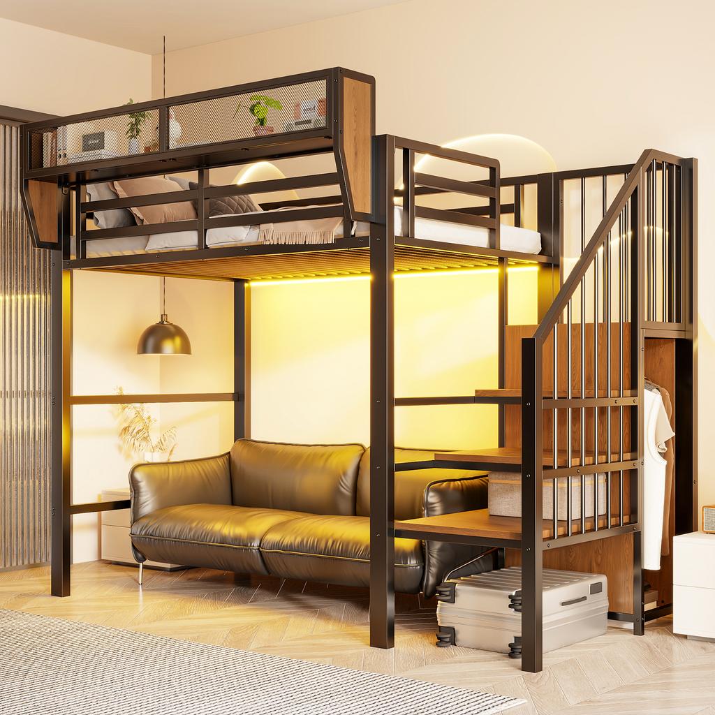 High Bed 90x200 with LED Light Strip, Safety Ladder and Flexible Storage Metal Bed Adult Bed Children's Bunk Bed Black