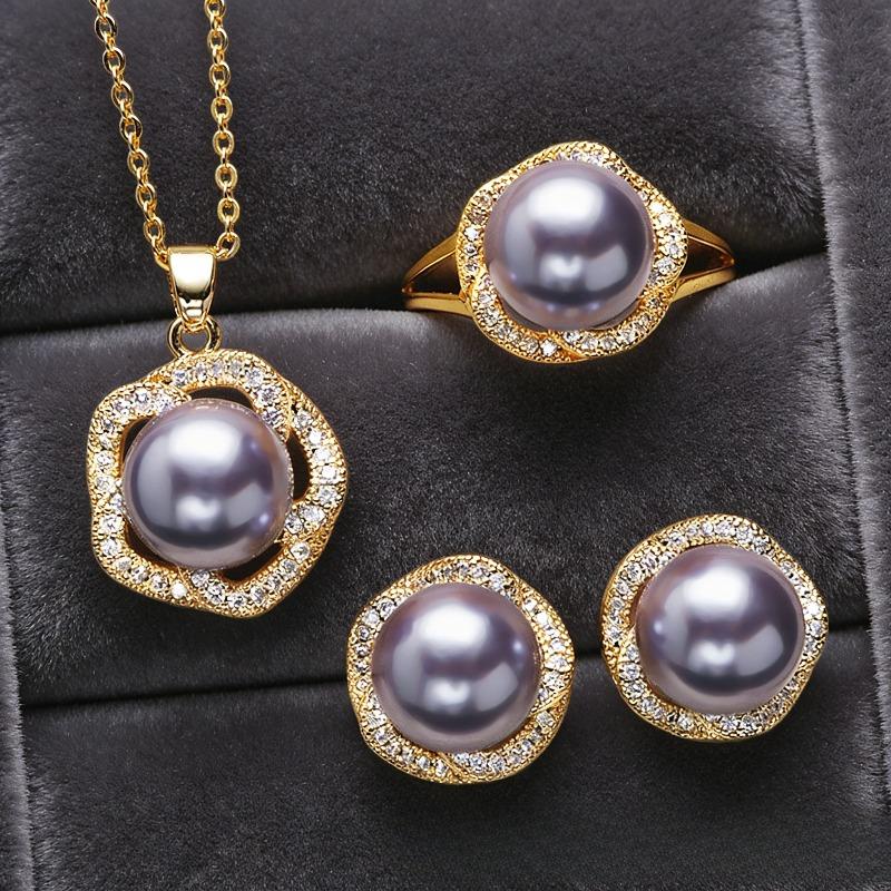 Elegant light-luxury banquet pearl jewelry for women, purple pearl three-piece set: necklace, earrings, and ring,Retro Palace Style
