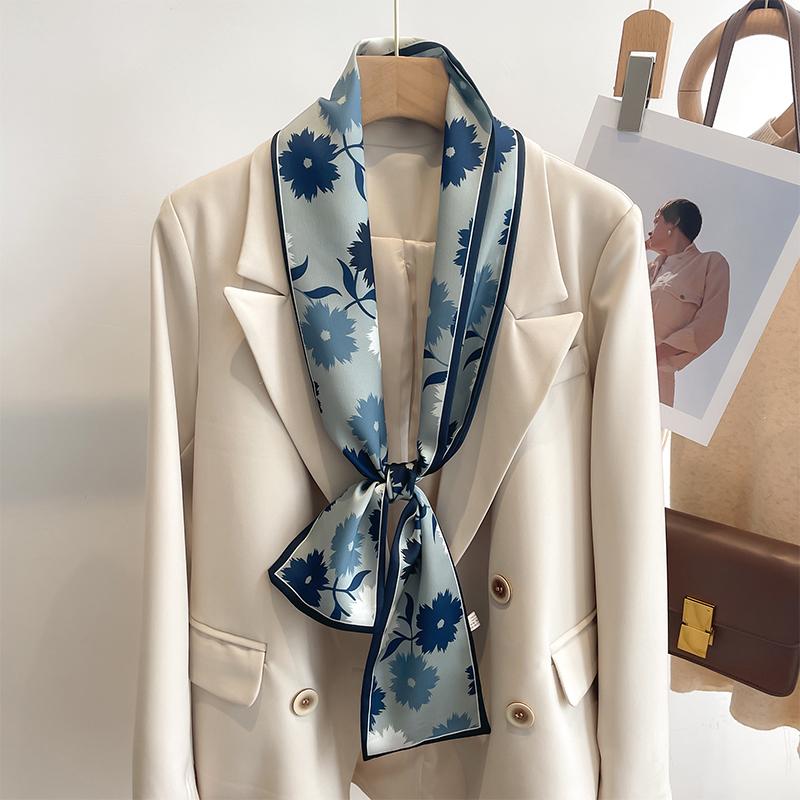 Women Silk Feel Printed Design Scarf Shawl Fashion Luxury Long Narrow Small Silk Scarves Ladies Headband Headscarve Bags Wrap
