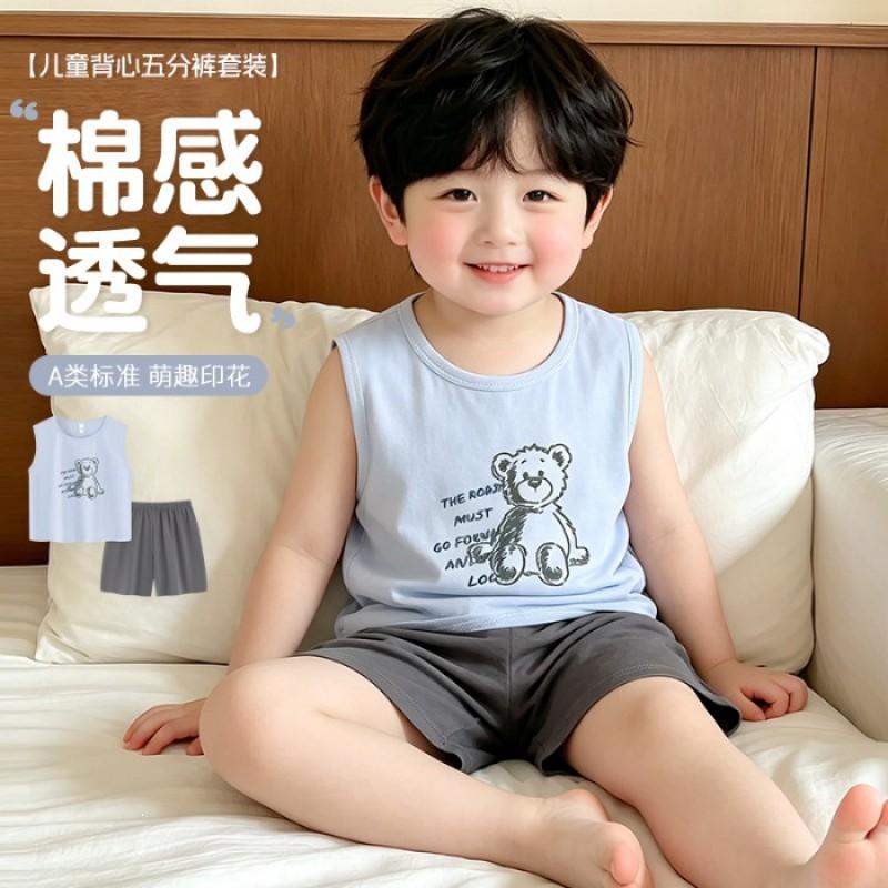 Boys Sleeveless Cartoon Print Lyocell Pajama Set Lightweight Sleepwear Kids 90-160cm